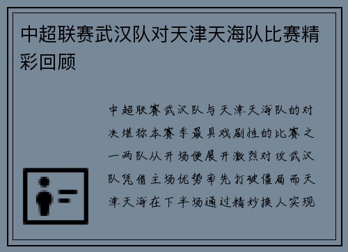 中超联赛武汉队对天津天海队比赛精彩回顾