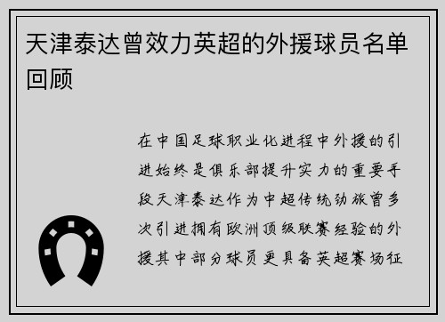 天津泰达曾效力英超的外援球员名单回顾