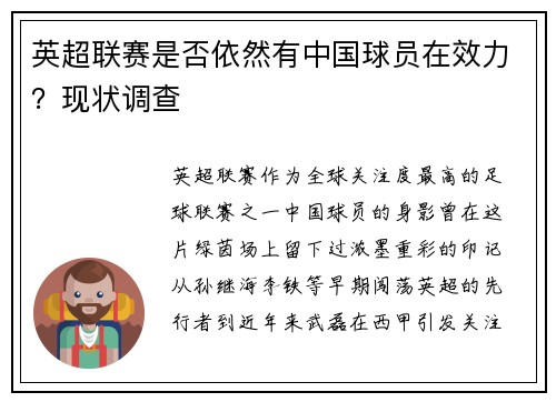 英超联赛是否依然有中国球员在效力？现状调查